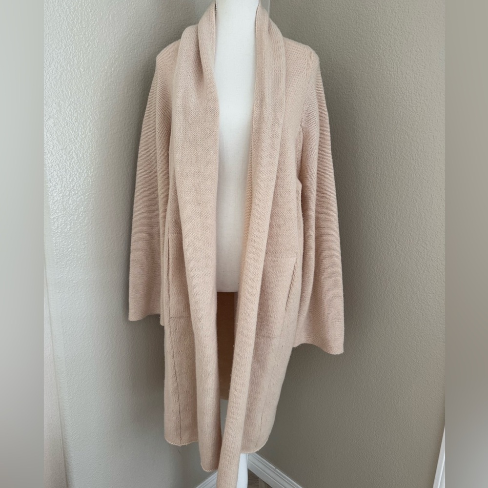 Long sleeve open front cardigan with side pockets, wool and cashmere blend